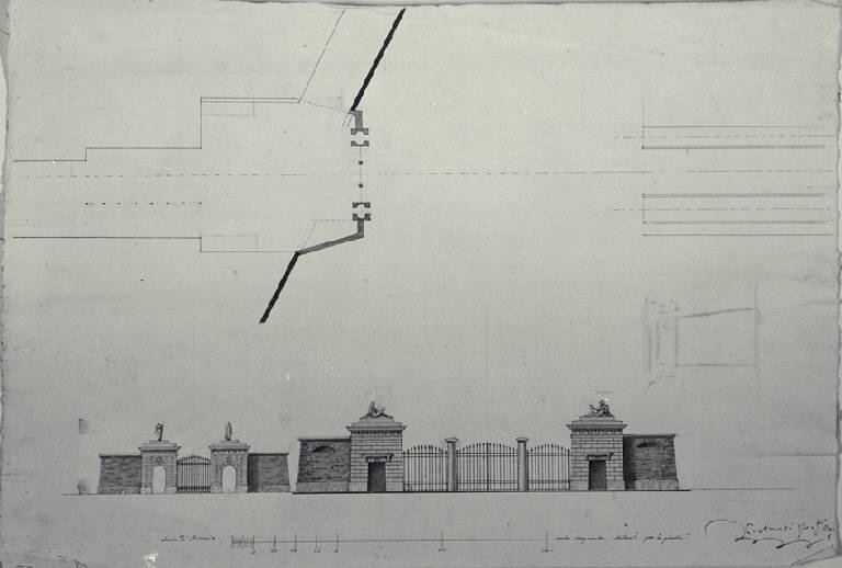 Pianta e prospetto della Porta S. Vito e Dazio a Pavia (disegno) di Amati, Carlo (sec. XIX)