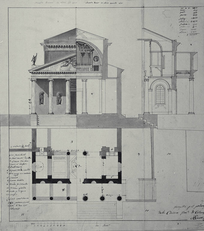 Pianta, prospetto, sezioni trasversale e longitudinale della chiesa di S. Alessandro a Colnago (disegno) di Amati, Carlo (sec. XIX)