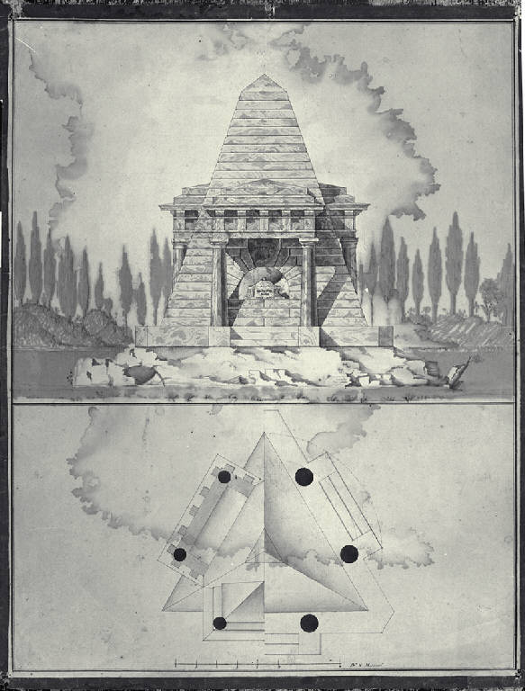 Pianta e prospetto ambientato del monumento in onore del generale Jean-Mathieau-Philibert Sérurier sul Lago di Como (Torno ?) (disegno) di Amati, Carlo (fine sec. XVIII)