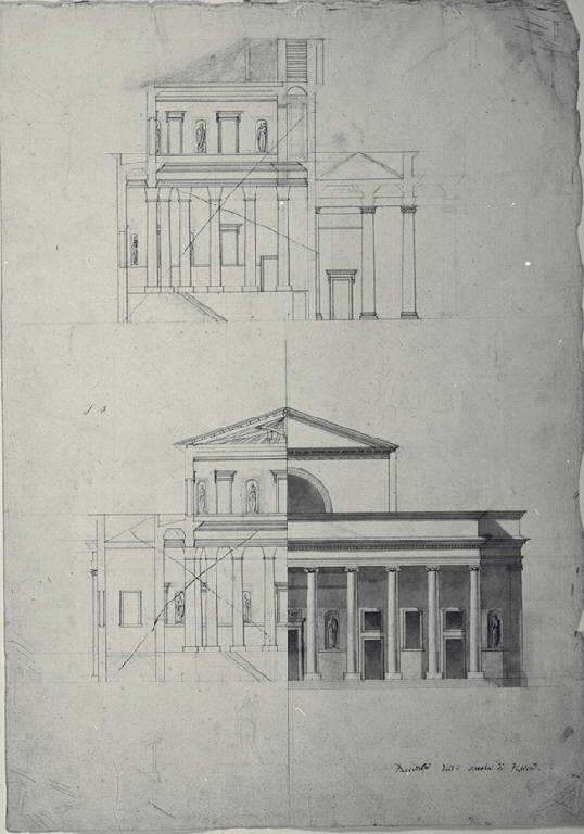 Prospetto e sezione trasversale di una scuola di fisica (disegno) di Amati, Marco (sec. XIX)