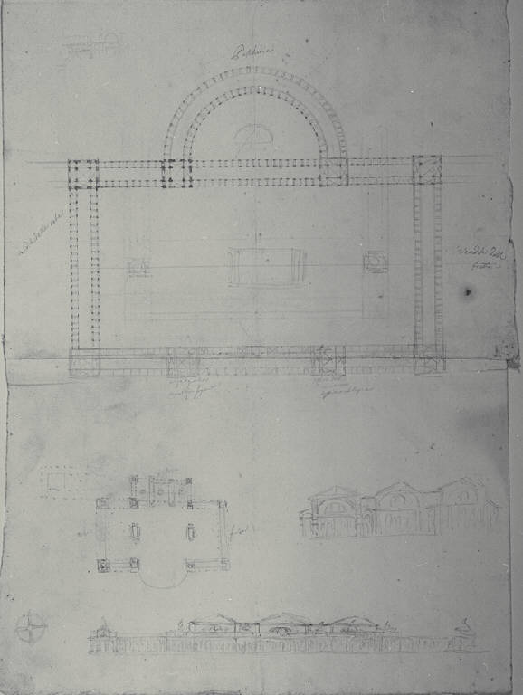 Pianta, sezione e prospetto di porticato ad uso di pescheria e mercato (disegno) di Amati, Carlo (prima metà sec. XIX)