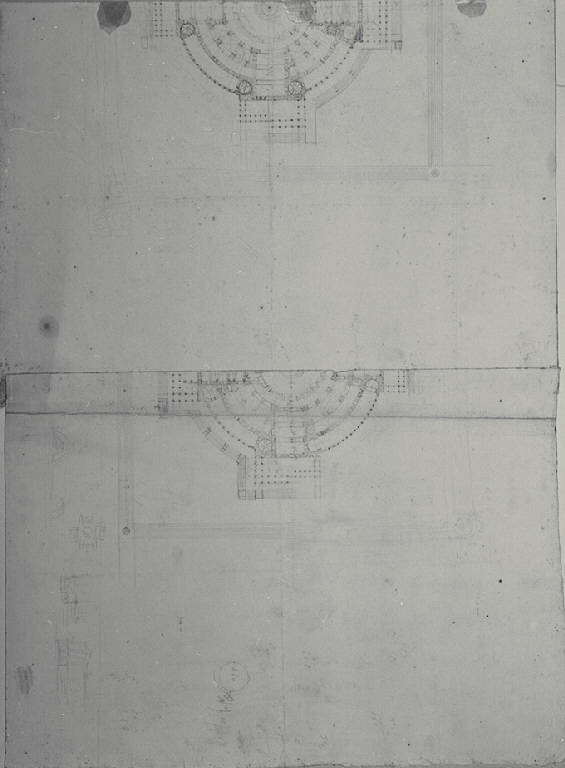 Pianta, sezione e prospetto di porticato ad uso di pescheria e mercato (disegno) di Amati, Carlo (prima metà sec. XIX)