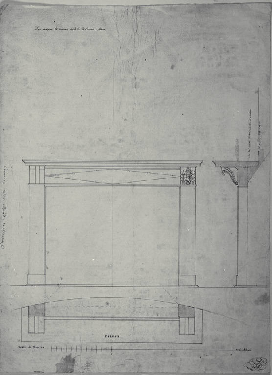 Pianta, prospetto e vista laterale di camino della Villa Durini (poi Frette) a Monza (disegno) di Amati, Carlo (sec. XIX)