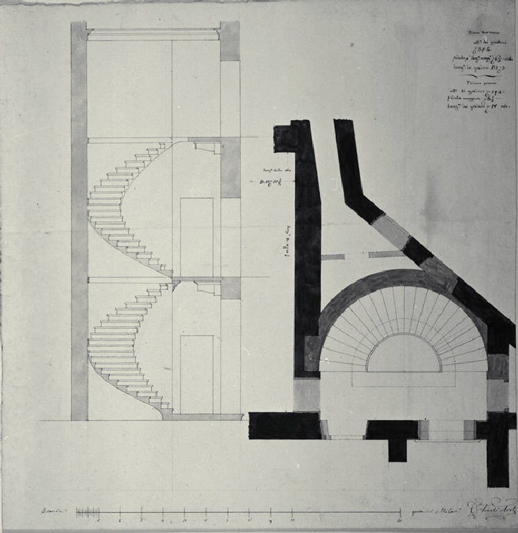 Pianta e sezione trasversale di scala nell'Ospedale di Monza (disegno) di Amati, Carlo (sec. XIX)