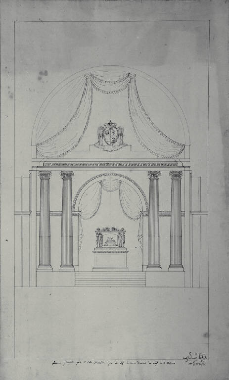 Prospetto laterale e pianta del catafalco per la contessa Marianna Durini a Milano (disegno) di Amati, Carlo (sec. XIX)