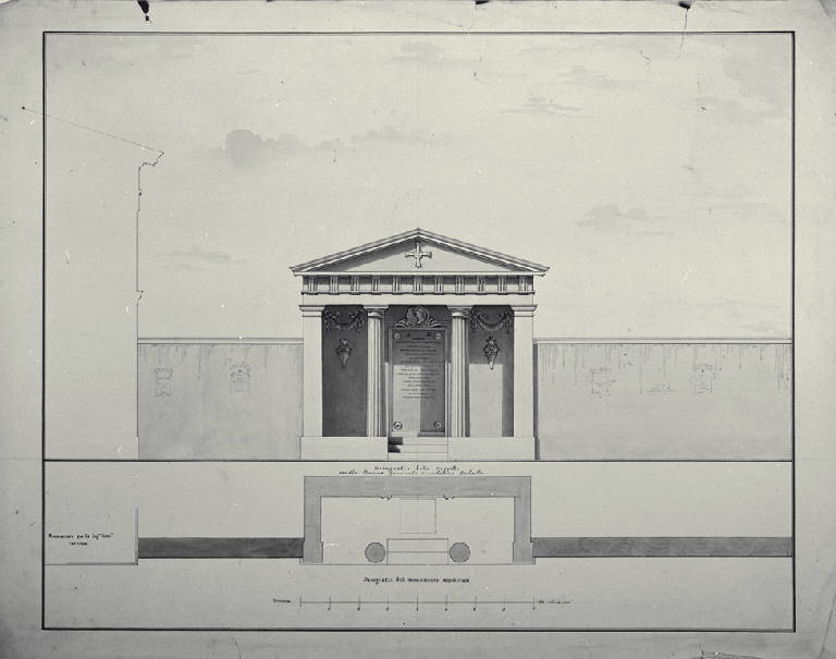 Pianta e prospetto dell'edicola funeraria per il barone Augusto Bataille già nel cimitero di Porta Romana a Milano (disegno) di Amati, Carlo (sec. XIX)