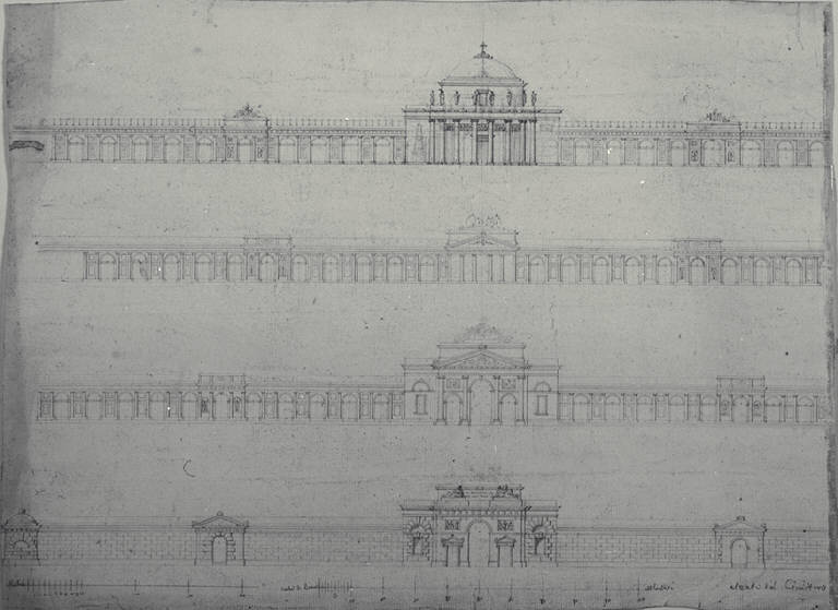 Prospetti di ingressi principali e mura di cinta di un cimitero (disegno) di Amati, Carlo (prima metà sec. XIX)