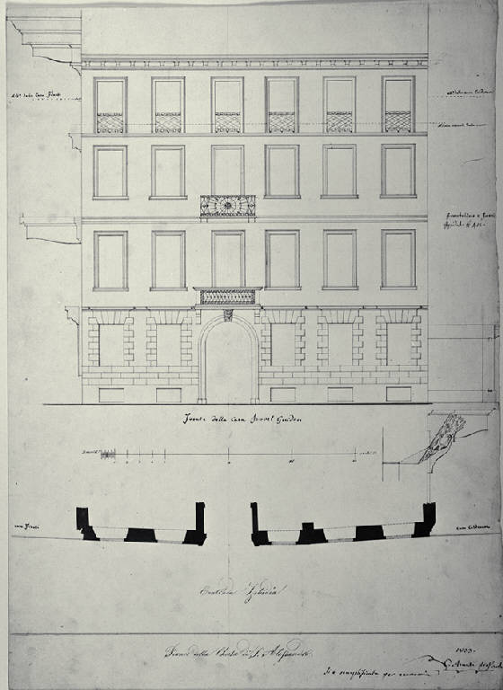 Pianta e prospetto della fronte della casa Guidon Jouvet a Milano (già Contrada Zebedia 4132) (disegno) di Amati, Carlo (sec. XIX)