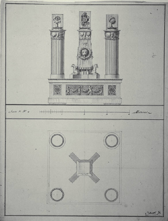 Pianta e prospetto di orologio astronomico (disegno) di Amati, Carlo (fine sec. XVIII)