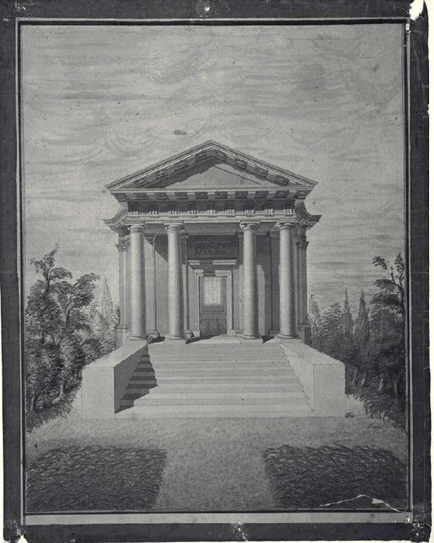 Veduta prospettica della fronte di un padiglione per giardino in forma di tempio con scalea, pronao e cupola (disegno) di Amati, Carlo (fine sec. XVIII)