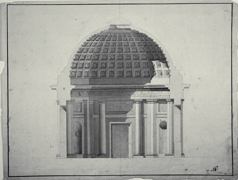 Sezione trasversale di padiglione per giardino in forma di tempio con scalea, pronao e cupola (disegno) di Amati, Carlo (fine sec. XVIII)