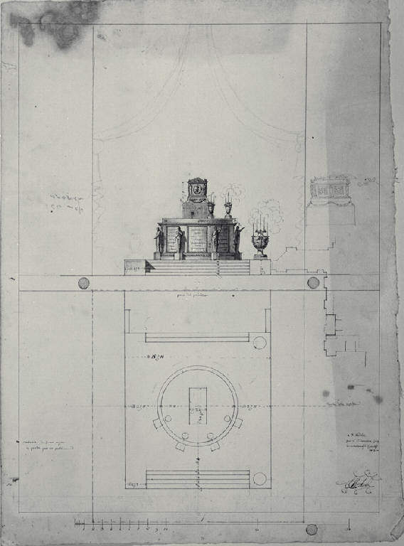 Pianta, prospetto e sezione longitudinale del catafalco per il conte Luigi Lambertenghi a Milano (disegno) di Amati, Carlo (sec. XIX)