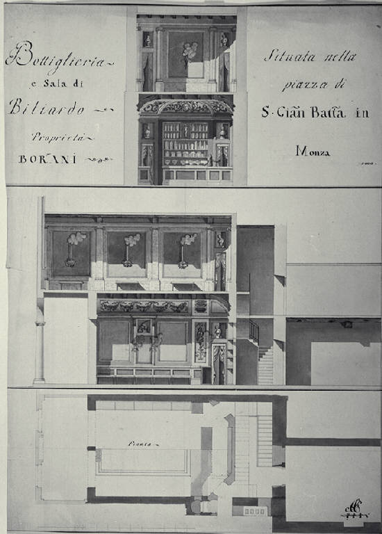 Pianta e sezioni trasversale e longitudinale della sala da biliardo e della Bottiglieria Borrani a Monza (disegno) di Amati, Carlo (sec. XIX)