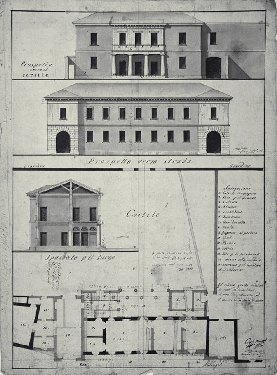 Pianta, sezione trasversale, prospetti verso il cortile e verso la strada della Villa Sormani a Cornate d'Adda (disegno) di Amati, Carlo (sec. XIX)