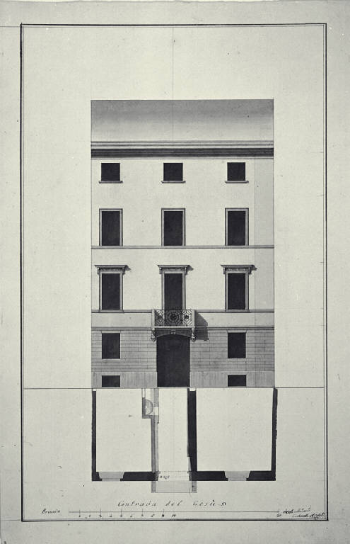 Pianta e prospetto della casa di Carlo Amati a Milano (già Contrada del Gesù 1291) (disegno) di Amati, Carlo (sec. XIX)