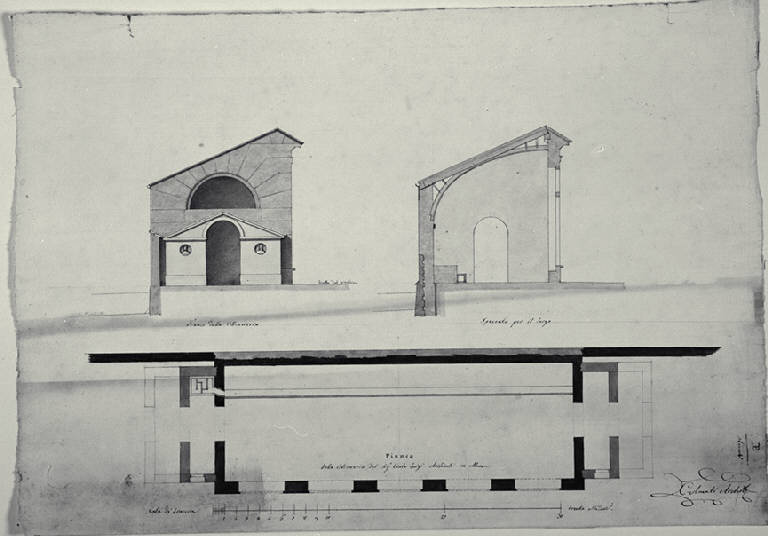 Pianta, sezione e prospetto del fianco della citroniera della Villa Archinto (Pennati) a Monza (disegno) di Amati, Carlo (sec. XIX)