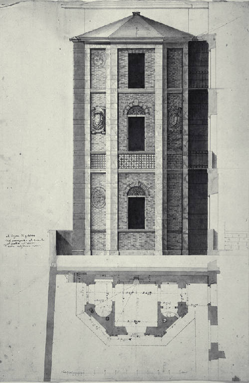 Pianta, prospetto frontale e laterale di edicola a pianta semiottagonale e a tre piani per la Casa di Carlo Amati a Milano (già Contrada della Spiga 788) (disegno) di Amati, Carlo (sec. XIX)