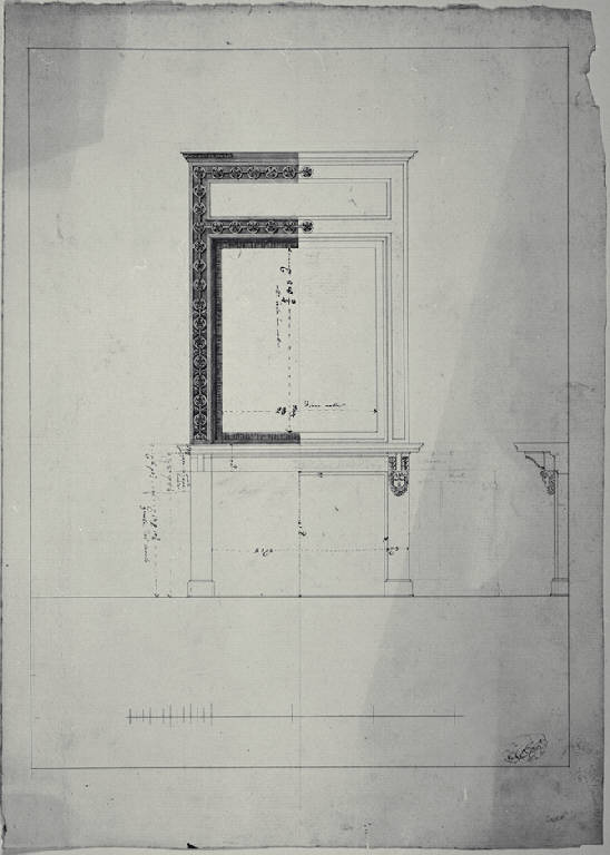 Prospetto e sezione trasversale di camino della Casa Perego e prospetto di cornice (disegno) di Amati, Carlo (sec. XIX)
