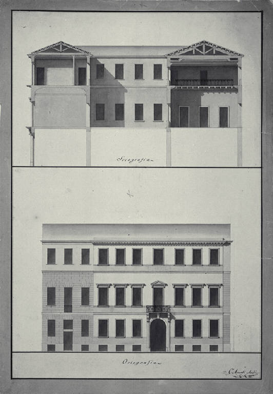 Sezione trasversale e prospetto di Palazzo Arrigoni a Milano (già Contrada S. Romano 403) (disegno) di Amati, Carlo (sec. XIX)