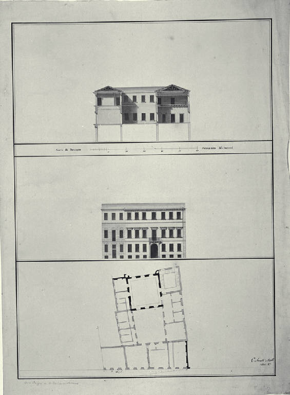 Pianta, prospetto e sezione trasversale di Palazzo Arrigoni a Milano (già Contrada S. Romano 403) (disegno) di Amati, Carlo (sec. XIX)