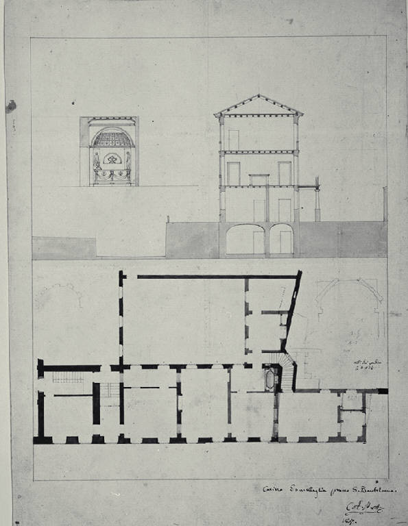 Pianta e prospetto del vano con vasca monumentale al primo piano di Palazzo Somaglia a Milano (già Strada de' Fatebenefratelli 1449) (disegno) di Amati, Carlo (sec. XIX)