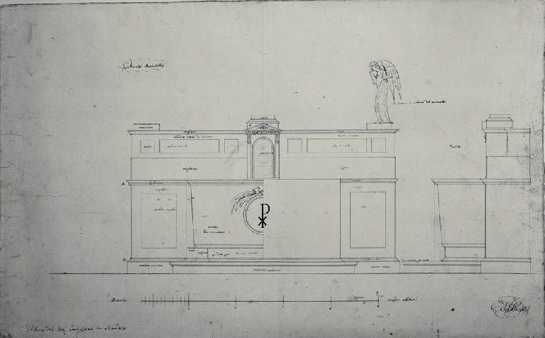Prospetti frontale e laterale dell'altare per il cavalier Aresi a Miradolo (disegno) di Amati, Carlo (sec. XIX)
