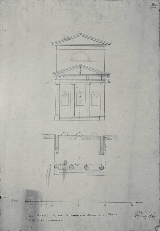 Pianta e prospetto della fronte e del pronao del tempietto del giardino della Villa Archinto (Pennati) a Monza (disegno) di Amati, Carlo (sec. XIX)