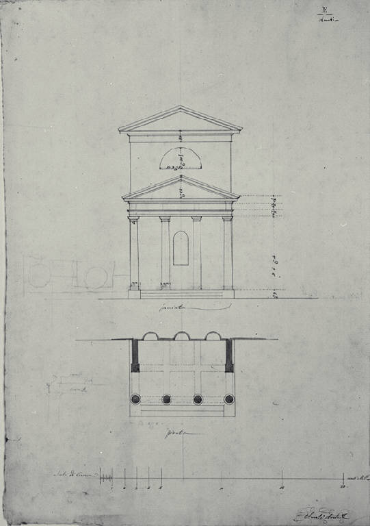 Pianta e prospetto della fronte e del pronao del tempietto del giardino della Villa Archinto (Pennati) a Monza (disegno) di Amati, Carlo (sec. XIX)