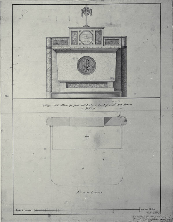 Pianta e prospetto di altare della Villa Durini a Fabbrica (disegno) di Amati, Carlo (sec. XIX)