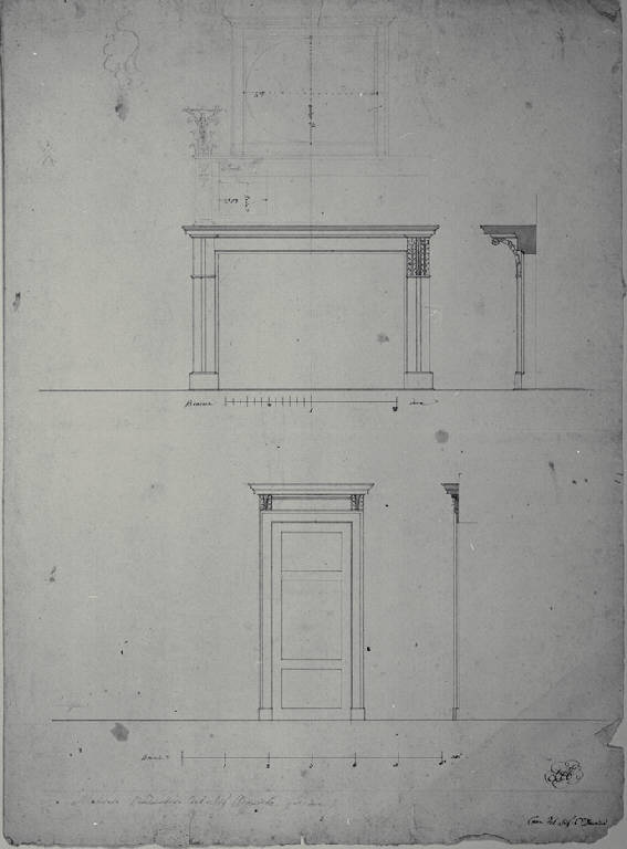 Prospetti e sezioni di una porta e di un camino della Villa Durini (poi Frette) a Monza (disegno) di Amati, Carlo (sec. XIX)