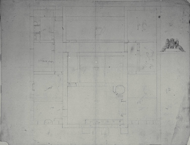 Pianta di villa a due piani e stemma gentilizio (disegno) di Amati, Carlo ((?)) (fine sec. XVIII)