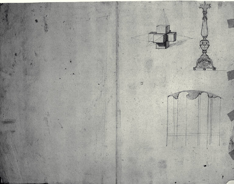 Prospetto di candelabro, sezione di modanature, veduta prospettica di cubi (disegno) di Amati, Carlo (fine sec. XVIII)