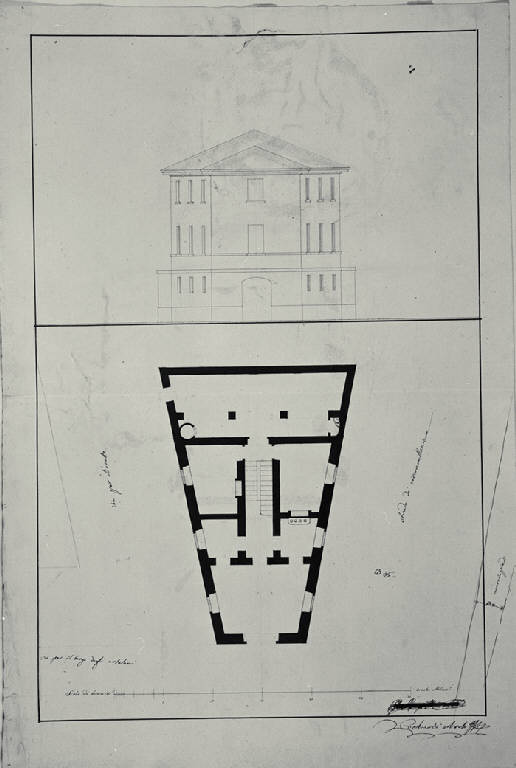 Pianta e prospetto di una casa a Milano (già Borgo degli Ortolani) (disegno) di Amati, Carlo (prima metà sec. XIX)