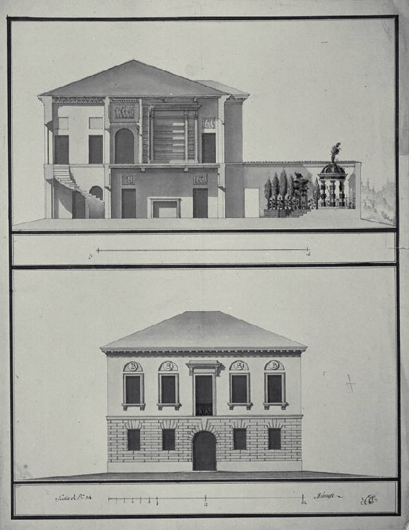 Prospetto e sezione trasversale della casa con giardino di un parroco (disegno) di Amati, Carlo (fine sec. XVIII)