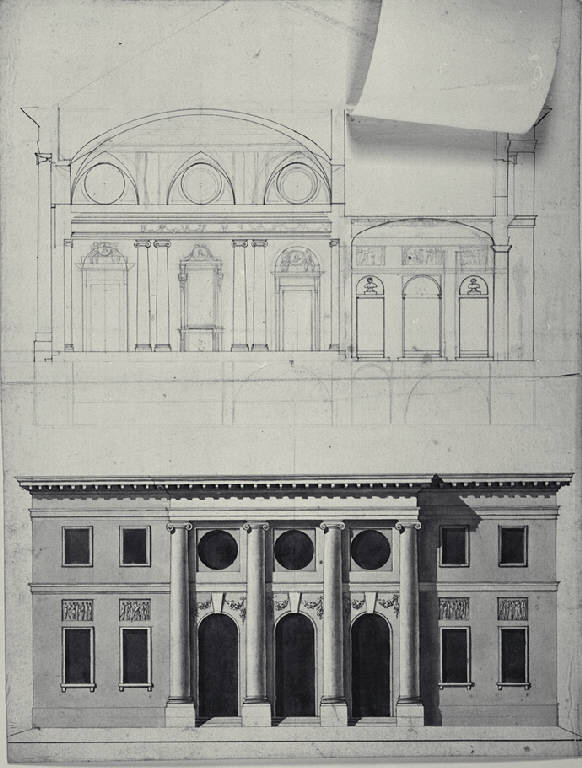 Prospetto e sezione di villa con salone monumentale (disegno) di Amati, Carlo (fine sec. XVIII)