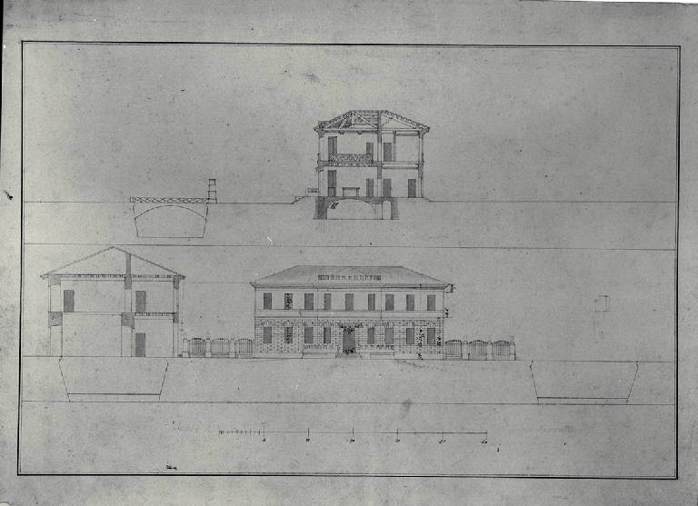 Prospetto e sezione della Villa Durini (poi Frette) a Monza (disegno) di Amati, Carlo (sec. XIX)