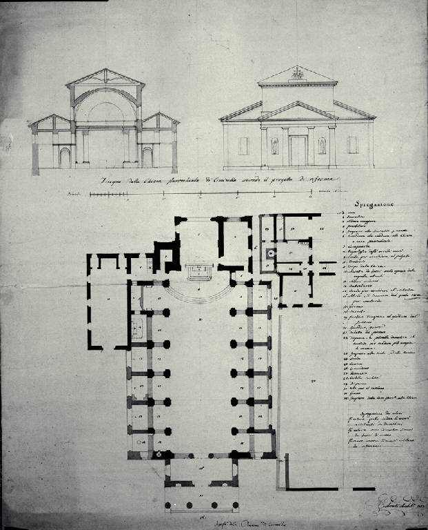 Pianta, prospetto, sezione trasversale della chiesa di S. Ambrogio ad Nemus a Cinisello (disegno) di Amati, Carlo (sec. XIX)