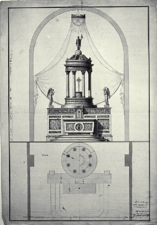 Pianta e prospetto dell'altare della chiesa di S. Giovanni Battista a Binago (disegno) di Amati, Carlo (sec. XIX)