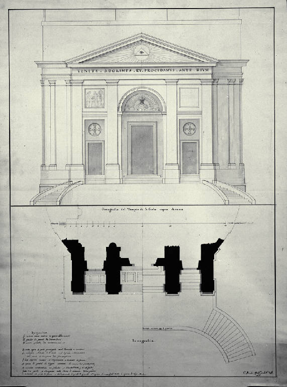 Pianta e prospetto della fronte del Tempio di S. Carlo sopra Arona (disegno) di Amati, Carlo (sec. XIX)