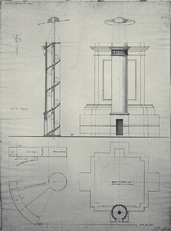 Sezione della scala elicoidale, pianta e prospetto del piedistallo della Statua colossale di S. Carlo al Sacro Monte sopra Arona (disegno) di Amati, Carlo (sec. XIX)