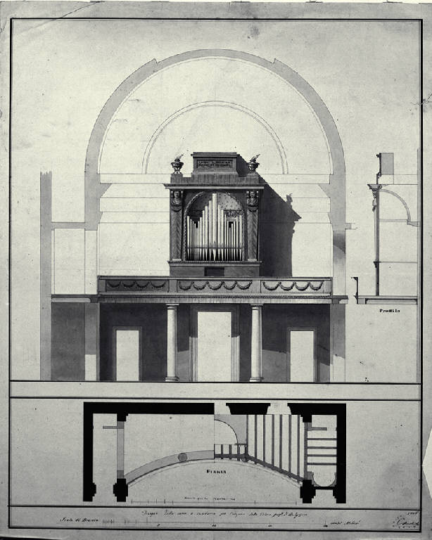 Pianta, prospetto e sezione dell'organo con cantoria della chiesa di S. Michele Arcangelo a Belgioioso (disegno) di Amati, Carlo (sec. XIX)