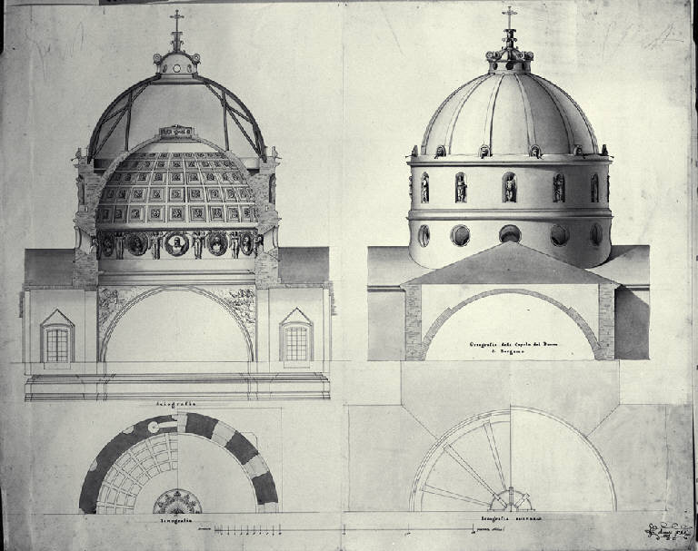 Piante, prospetto e sezione trasversale della cupola del Duomo di Bergamo (disegno) di Amati, Carlo (sec. XIX)