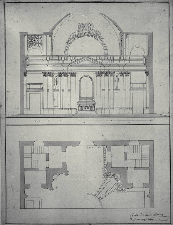 Pianta e prospetto della cappella della Villa Arciducale (Reale) a Monza (disegno) di Piermarini, Giuseppe (scuola) (fine sec. XVIII)