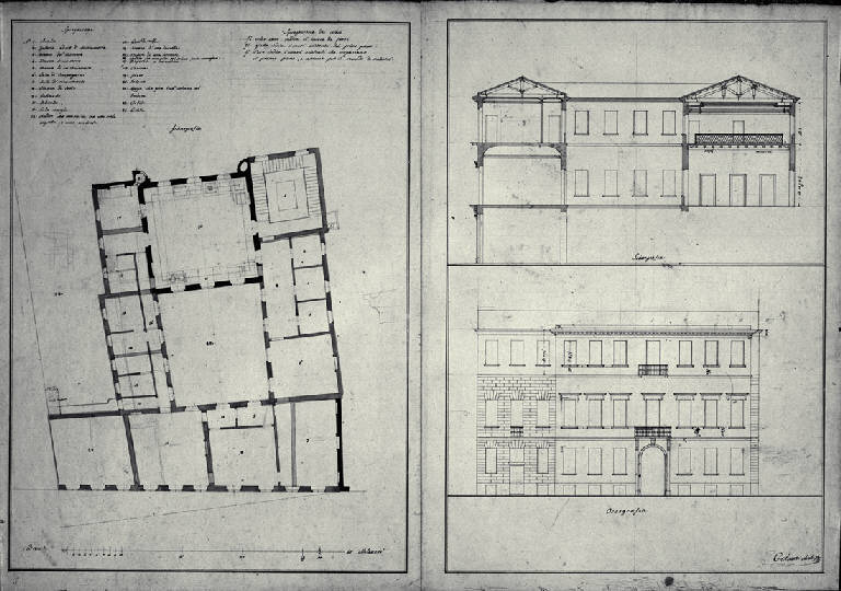 Pianta, prospetto e sezione trasversale del Palazzo Arrigoni a Milano (già Contrada S. Romano 403) (disegno) di Amati, Carlo (sec. XIX)