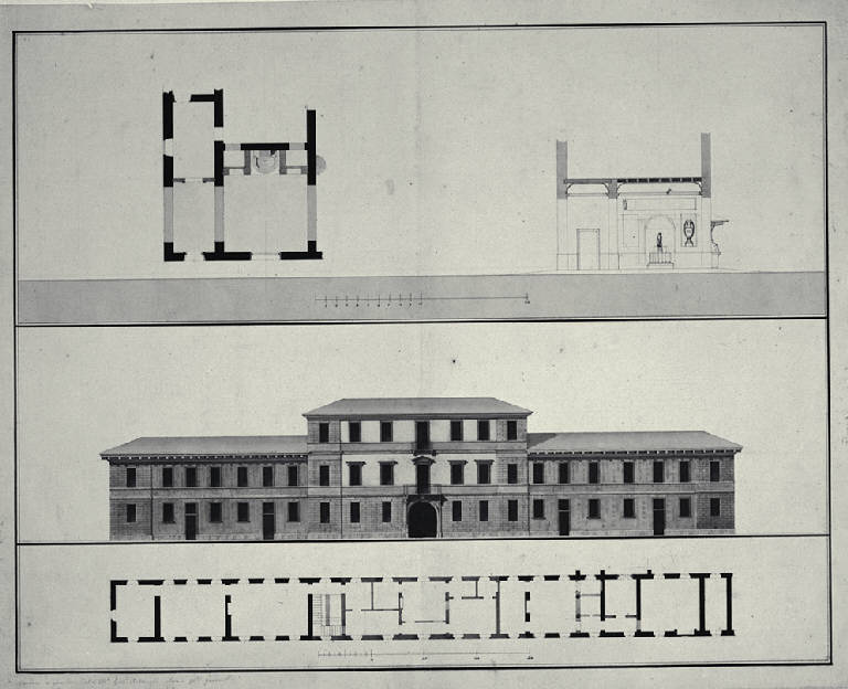 Pianta e prospetto della Villa Durini (detta Grassa) a Monza con pianta e sezione di un locale (disegno) di Amati, Carlo (sec. XIX)