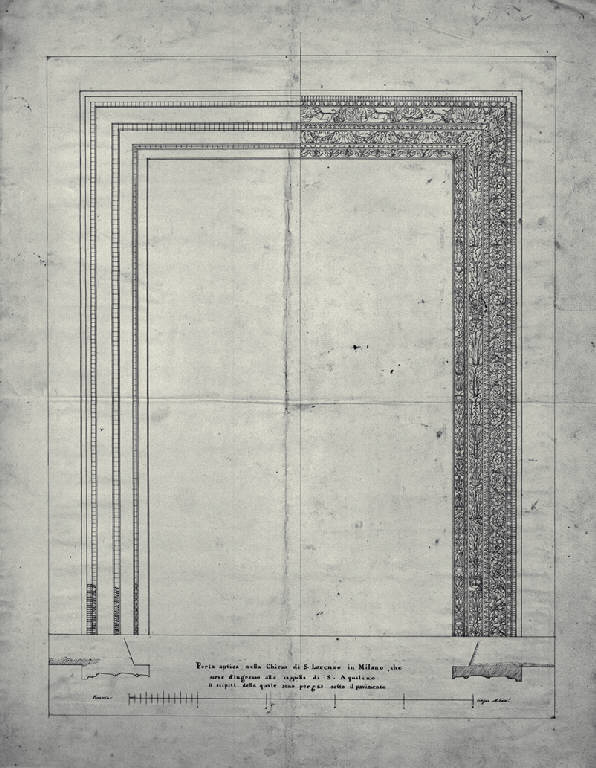 Pianta e prospetto della porta di ingresso della cappella di S. Aquilino in S. Lorenzo a Milano (disegno) di Amati, Carlo (sec. XIX)
