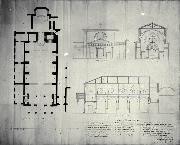 Pianta, prospetto, sezioni trasversale e longitudinale della chiesa di S. Maria in Campagna a Torre Pallavicina (disegno) di Amati, Carlo (sec. XIX)