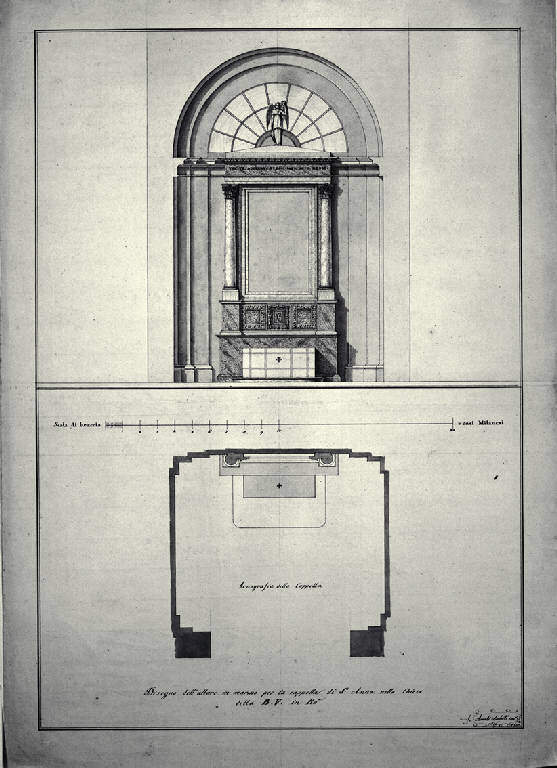 Pianta e prospetto dell'altare della cappella di S. Anna nel Santuario della Beata Vergine a Rho (disegno) di Amati, Carlo (sec. XIX)