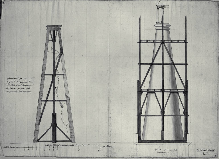 Prospetto delle armature per la guglia del campanile della chiesa del Carmine a Pavia (disegno) di Amati, Carlo (sec. XIX)