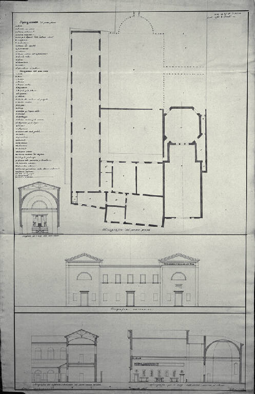 Pianta, prospetto e sezione di una chiesa e di un monastero a Venezia (disegno) di Amati, Carlo (sec. XIX)